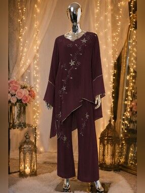 Women's Embellished Asymmetrical Tunic & Pant Set - Plum